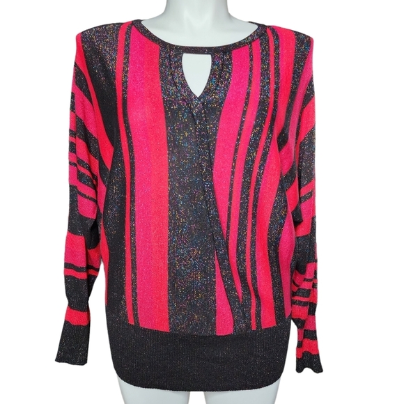 Joseph A. | Metallic Red Pink Black Striped Faux Wrap Keyhole Sweater Women's XL - Picture 1 of 7